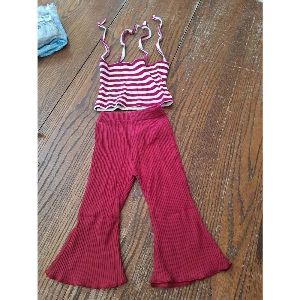 New 12/24 Month Girl's Red White Striped Halter Crop Top with Red Flare Leg Pant
